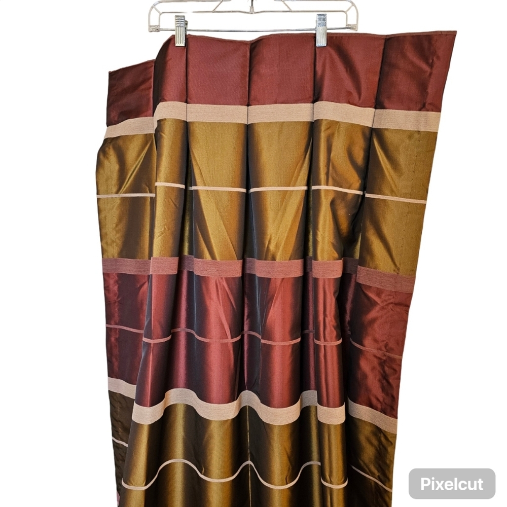Two custom panels burgundy bronze striped tafetta pleated lined drapes 48x84.5".